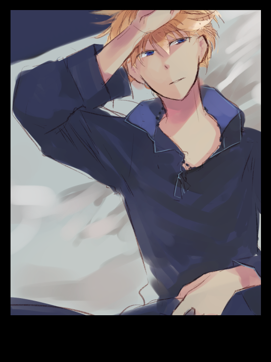 wane (ruki), royal guard (ragnarok online), ragnarok online, commentary request, 1boy, arm up, black border, black shirt, blonde hair, blue eyes, border, looking at viewer, lying, male focus, no armor, on back, shirt, short hair, smile, solo, upper body