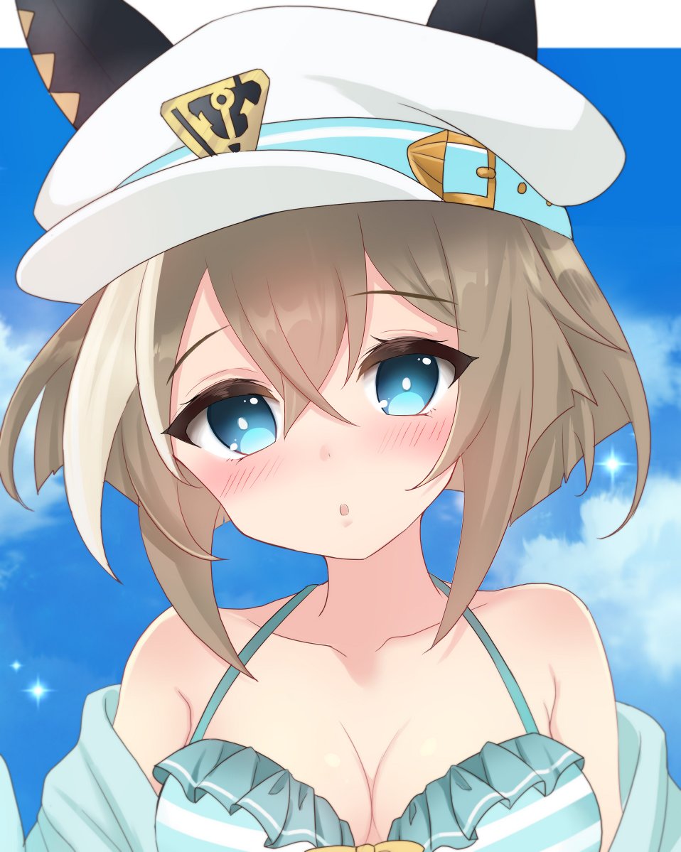 terimuku, cheval grand (umamusume), umamusume, commentary request, 1girl, :o, animal ears, bare shoulders, bikini, blue eyes, blue jacket, brown hair, collarbone, ears through headwear, frilled bikini, frills, hat, horse ears, jacket, looking at viewer, multicolored hair, off shoulder, parted lips, peaked cap, solo, streaked hair, striped bikini, striped clothes, swimsuit, upper body, white hair, white hat