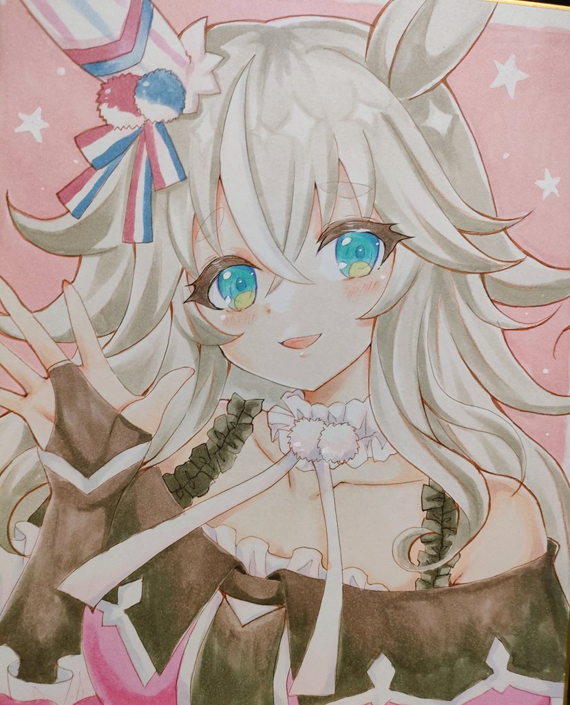 terimuku, wonder acute (umamusume), umamusume, commentary request, photo (medium), traditional media, 1girl, :d, animal ears, bare shoulders, blue eyes, blush, bridal gauntlets, collarbone, dress, grey hair, hair between eyes, hand up, horse ears, long hair, looking at viewer, multicolored hair, off-shoulder dress, off shoulder, open mouth, pink dress, shikishi, smile, solo, star (symbol), streaked hair, white hair