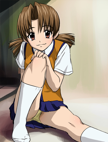 haruyama kazunori, suzuhara chihaya, tona-gura!, 1girl, brown eyes, brown hair, female focus, panties, school uniform, short twintails, socks, solo, twintails, underwear