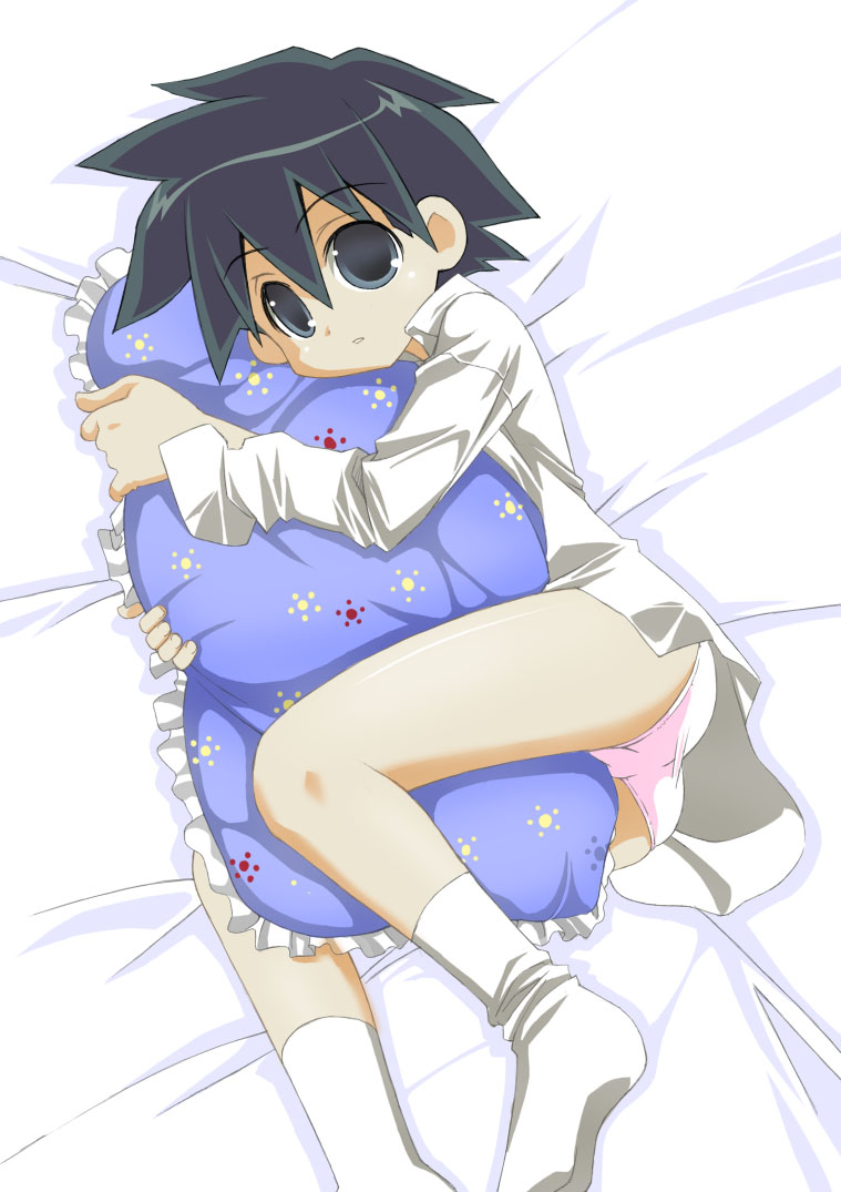 umekichi, tomokane, ga geijutsuka art design class, original, 00s, 1girl, dress shirt, female focus, frilled pillow, frills, hugging object, panties, pillow, pillow hug, shirt, socks, solo, tomboy, underwear