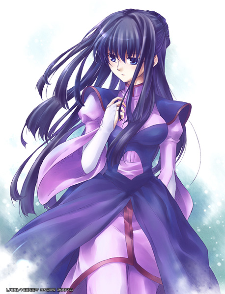 labo (nobody knows), yamada m, marina ismail, gundam, gundam 00, 00s, 1girl, artist name, blunt bangs, bodysuit, breasts, cowboy shot, dated, female focus, floating hair, large breasts, long sleeves, looking at viewer, purple eyes, purple hair, sidelocks, signature, simple background, skin tight, solo, walking, white background, wind