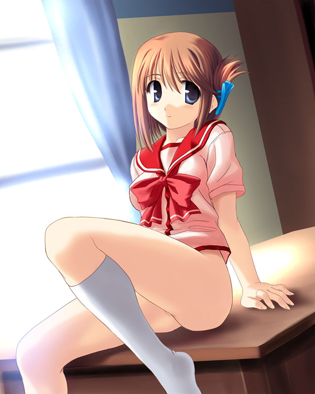 norizou type-r, komaki manaka, to heart (series), to heart 2, 00s, 1girl, bottomless, desk, female focus, folded ponytail, indoors, kneehighs, no panties, school uniform, serafuku, sitting, socks, solo, white socks