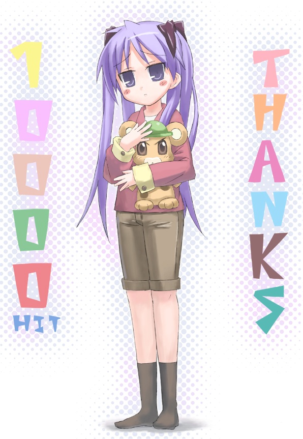 saeki nao, bonta-kun, filly erhard, hiiragi kagami, full metal panic!, lucky star, 00s, 1girl, black socks, blue eyes, blush, female focus, holding, kneehighs, long hair, long sleeves, looking at viewer, milestone celebration, pink hair, simple background, socks, solo, stuffed animal, stuffed toy, sweater, tsurime, twintails, white background