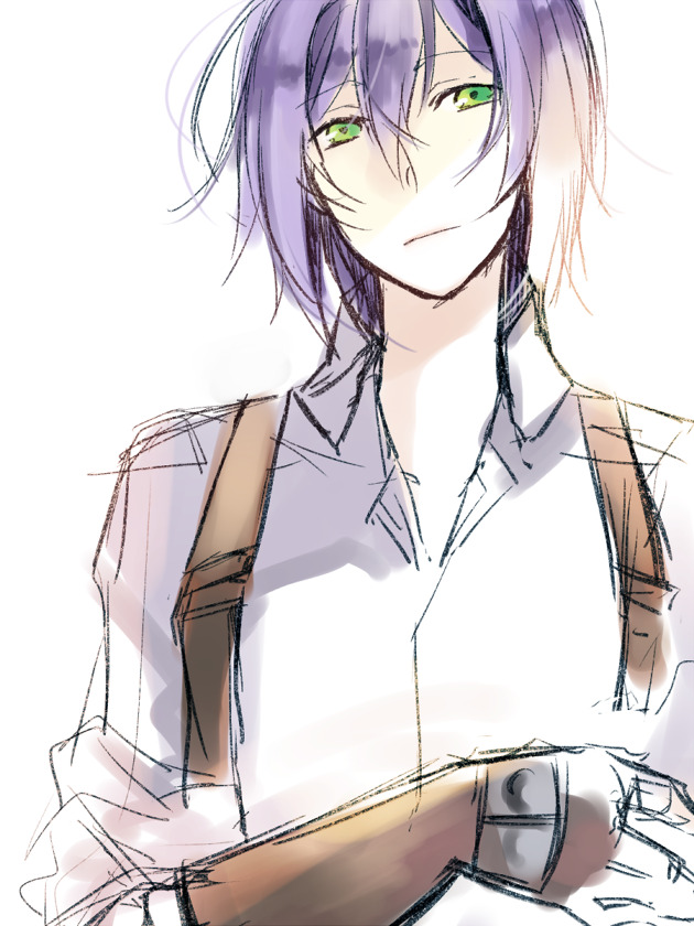 wane (ruki), blacksmith (ragnarok online), ragnarok online, commentary request, 1boy, closed mouth, collared shirt, green eyes, hair between eyes, looking at viewer, male focus, purple hair, shirt, short hair, simple background, smile, solo, upper body, white background, white shirt