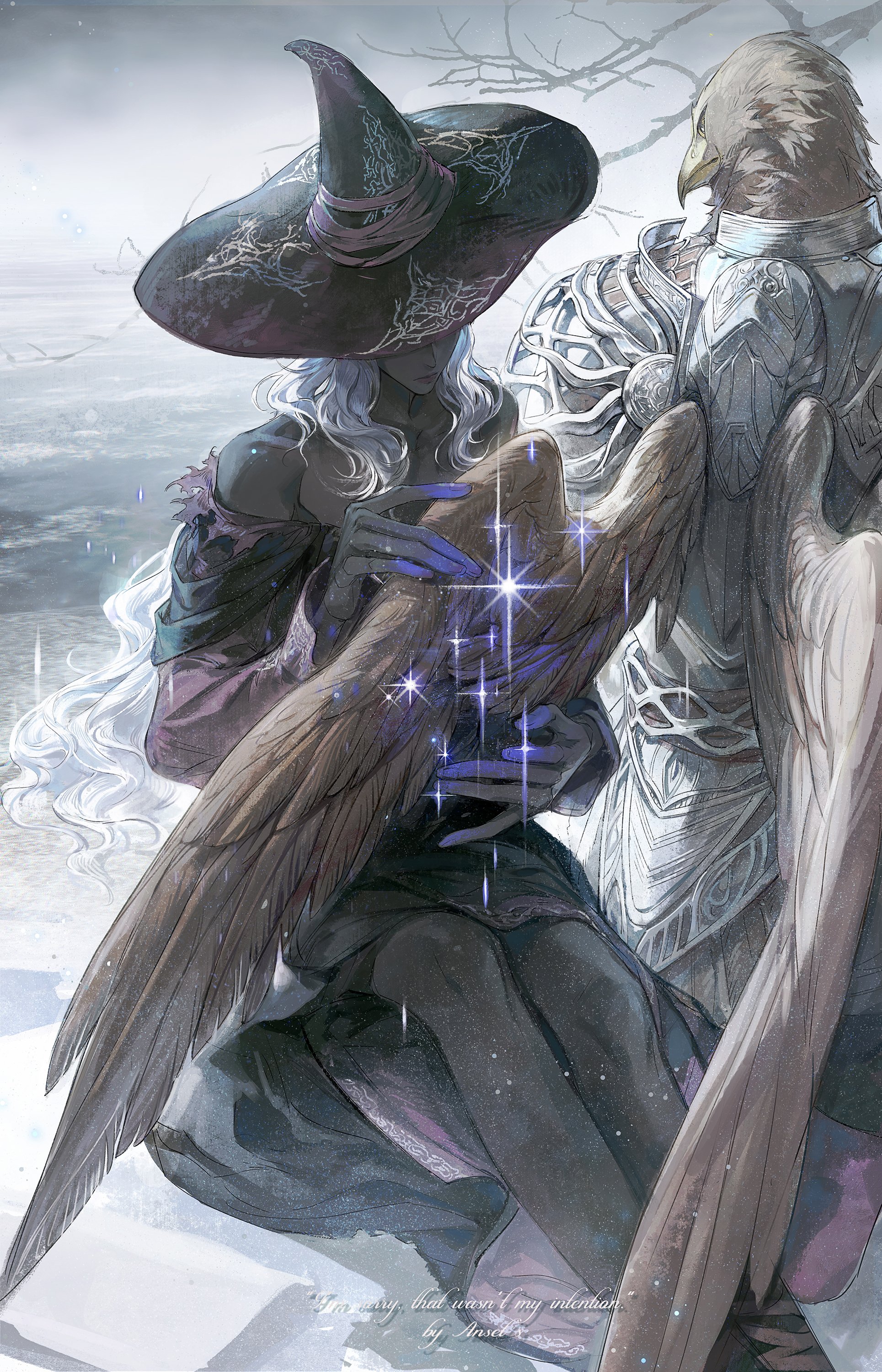 tianxiaoye ansel.s, guardian (elden ring), recluse (elden ring), elden ring, elden ring nightreign, absurdres, highres, 1boy, 1girl, animal head, armor, bare tree, beak, bird boy, black dress, black hat, black skin, breastplate, colored skin, dark-skinned female, dark skin, dress, feathered wings, feet out of frame, hat, long hair, profile, sitting, sparkle, tree, white background, white hair, wings, witch, witch hat