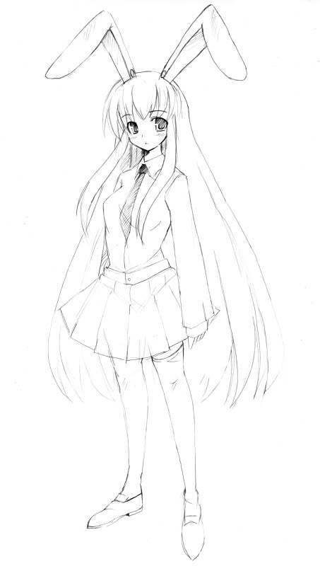 seo tatsuya, reisen udongein inaba, touhou, 1girl, animal ears, female focus, full body, greyscale, long hair, monochrome, rabbit ears, simple background, sketch, skirt, solo, very long hair, white background