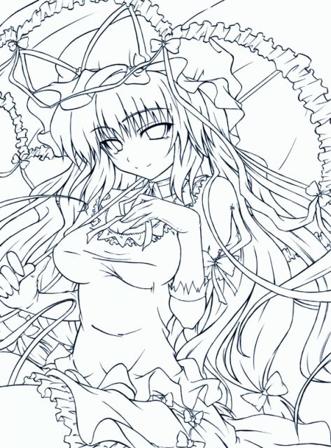 sankaku umako, yakumo yukari, touhou, 1girl, blue theme, blunt bangs, dress, elbow gloves, female focus, frilled dress, frills, gloves, lineart, long hair, looking at viewer, monochrome, puffy short sleeves, puffy sleeves, short sleeves, sitting, solo, umbrella, very long hair