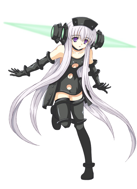 rasahan, seyada tara, dai (series), daiakuji, silver hair, 1girl, android, black thighhighs, cleavage cutout, clothing cutout, dress, elbow gloves, female focus, flat chest, gloves, leg lift, long hair, navel, no panties, purple eyes, seyadatara, simple background, solo, thighhighs, very long hair