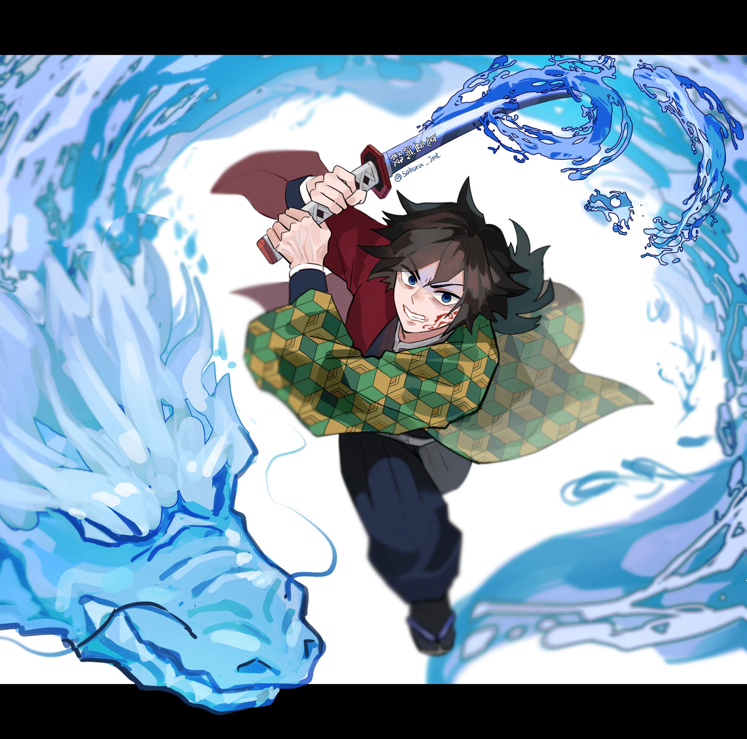 tomioka giyuu, kimetsu no yaiba, absurdres, highres, 1boy, black hair, black jacket, black pants, black socks, blood on cheek, blue eyes, clenched teeth, demon slayer uniform, full body, hands up, haori, holding, holding sword, holding weapon, jacket, japanese clothes, katana, letterboxed, looking at viewer, low ponytail, male focus, pants, ponytail, print haori, red haori, sandals, soboru jmt, socks, solo, spiked hair, sword, teeth, water, water dragon, weapon