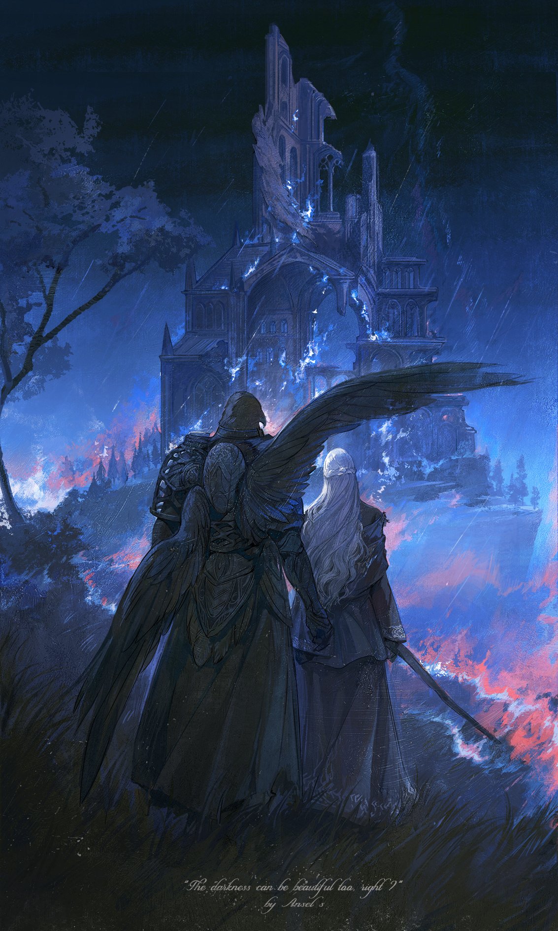 tianxiaoye ansel.s, guardian (elden ring), recluse (elden ring), elden ring, elden ring nightreign, highres, 1boy, 1girl, animal head, armor, bare shoulders, beak, bird boy, black dress, black skin, breastplate, building, colored skin, dark-skinned female, dark skin, dress, feathered wings, full body, holding, holding staff, long hair, night, shoulder armor, staff, standing, very dark skin, white hair, wings