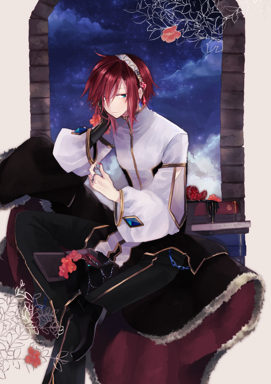 wane (ruki), warlock (ragnarok online), ragnarok online, commentary request, highres, 1boy, black cape, black gloves, black shoes, blue eyes, blue sky, book, cape, closed mouth, cloud, expressionless, foot out of frame, fur-trimmed cape, fur trim, gloves, grey hairband, hair over one eye, hairband, hand on own cheek, hand on own face, holding, holding jewelry, holding ring, jewelry, long sleeves, looking at viewer, male focus, official alternate costume, red cape, red hair, ring, shirt, shoes, short hair, single glove, sitting, sky, solo, star (sky), starry sky, two-sided cape, two-sided fabric, unworn cape, white shirt, window