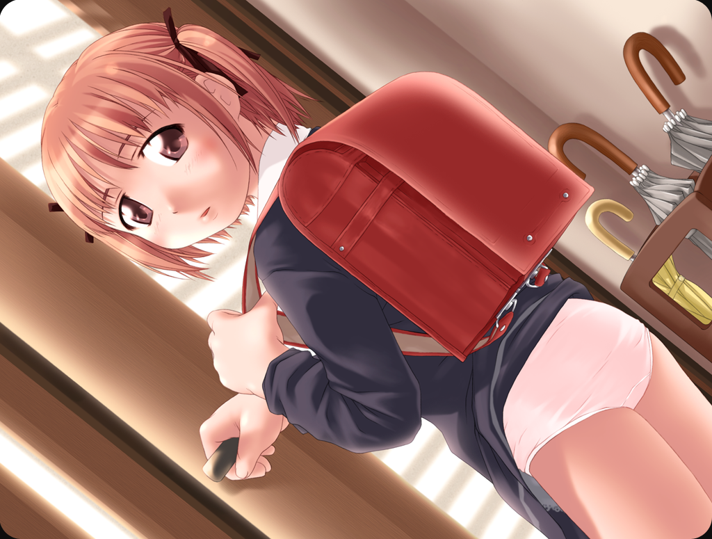 ujiie moku, imouto yuugi, 1girl, backpack, bag, clothes lift, female focus, loli, looking back, panties, randoseru, ribbon, school uniform, skirt, skirt lift, solo, twintails, underwear, upskirt