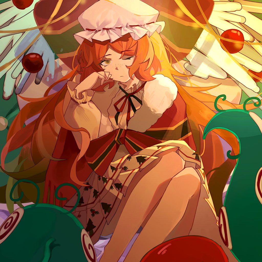 miliniboxx, ishmael (project moon), limbus company, project moon, 1girl, bow, bowtie, christmas nightmare (e.g.o), dress, e.g.o (project moon), freckles, fur-trimmed shawl, fur trim, hat, long hair, looking at viewer, mob cap, one eye closed, orange hair, plaid clothes, plaid shawl, red shawl, shawl, simple background, sitting, solo, striped bow, striped bowtie, striped clothes, striped shawl, tentacles, upper body, white dress, white hat, yellow eyes
