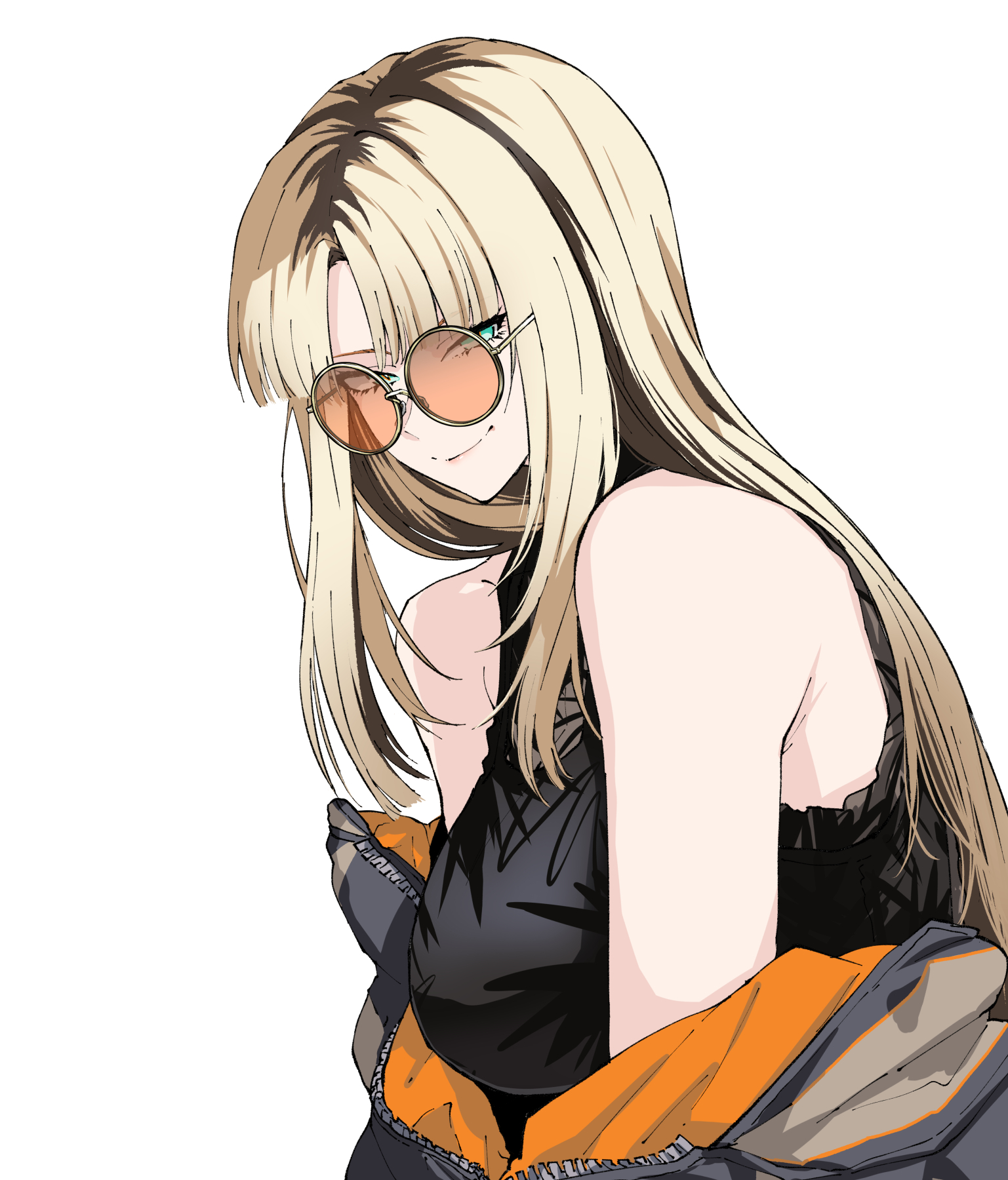 henriiku (ahemaru), koganei niko, hololive, hololive dev is, commentary, highres, 1girl, black shirt, blonde hair, blue eyes, breasts, brown hair, brown jacket, closed mouth, from side, jacket, large breasts, long hair, looking at viewer, multicolored hair, multicolored jacket, off shoulder, open clothes, open jacket, orange-tinted eyewear, orange jacket, parted bangs, round eyewear, shirt, simple background, sleeveless, sleeveless shirt, smile, solo, straight hair, streaked hair, sunglasses, tinted eyewear, two-sided fabric, two-sided jacket, two-tone hair, two-tone jacket, upper body, virtual youtuber, white background