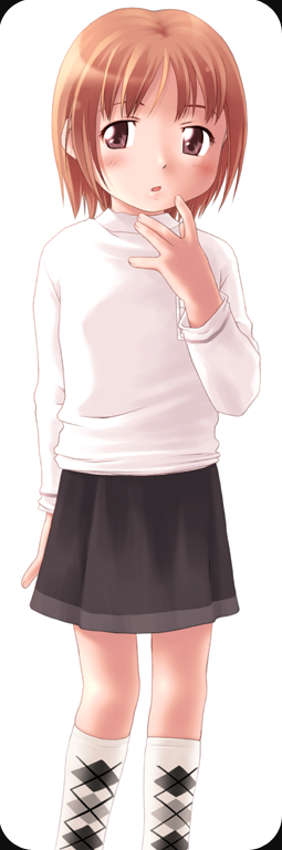ujiie moku, 1girl, :o, black skirt, blush, brown eyes, brown hair, female focus, kneehighs, long sleeves, looking back, parted lips, simple background, skirt, socks, solo, sweater, white background, white socks