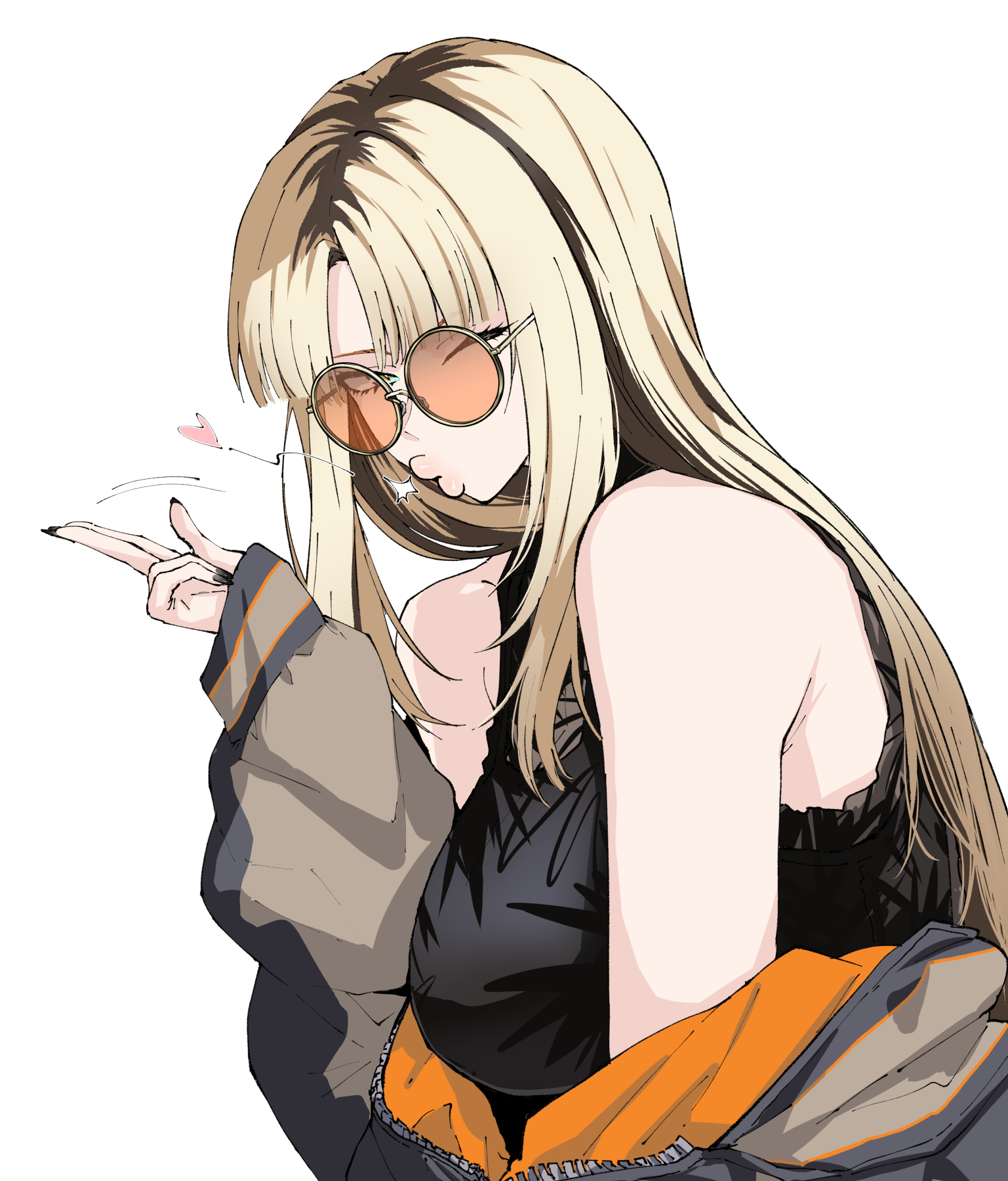 henriiku (ahemaru), koganei niko, hololive, hololive dev is, commentary, highres, 1girl, black nails, black shirt, blonde hair, blowing kiss, blue eyes, breasts, brown hair, brown jacket, from side, jacket, large breasts, long hair, looking at viewer, multicolored hair, multicolored jacket, nail polish, off shoulder, one eye closed, open clothes, open jacket, orange-tinted eyewear, orange jacket, parted bangs, puckered lips, round eyewear, shirt, simple background, sleeveless, sleeveless shirt, smile, solo, straight hair, streaked hair, sunglasses, thick lips, tinted eyewear, two-sided fabric, two-sided jacket, two-tone hair, two-tone jacket, upper body, virtual youtuber, white background