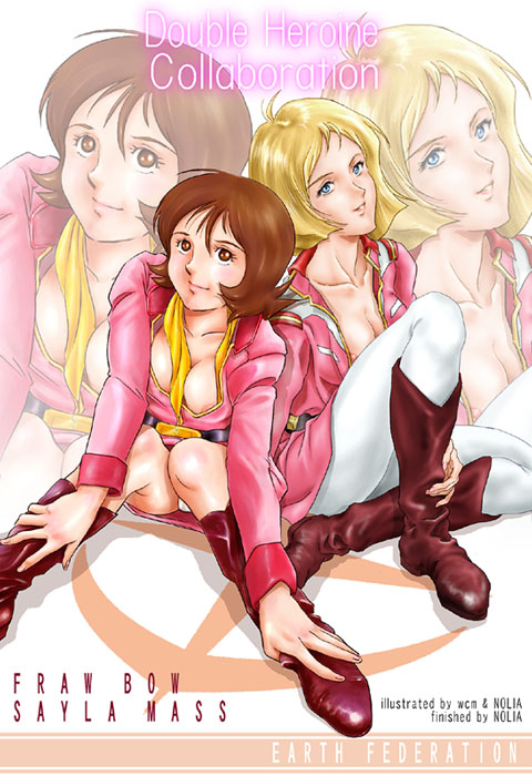 fraw bow, sayla mass, gundam, 2girls, blonde hair, blue eyes, boots, breasts, brown eyes, brown hair, cleavage, closed mouth, collarbone, jacket, medium breasts, military uniform, multiple girls, neck, nipples, open clothes, open jacket, panties, pink jacket, smile, underwear, zoom layer