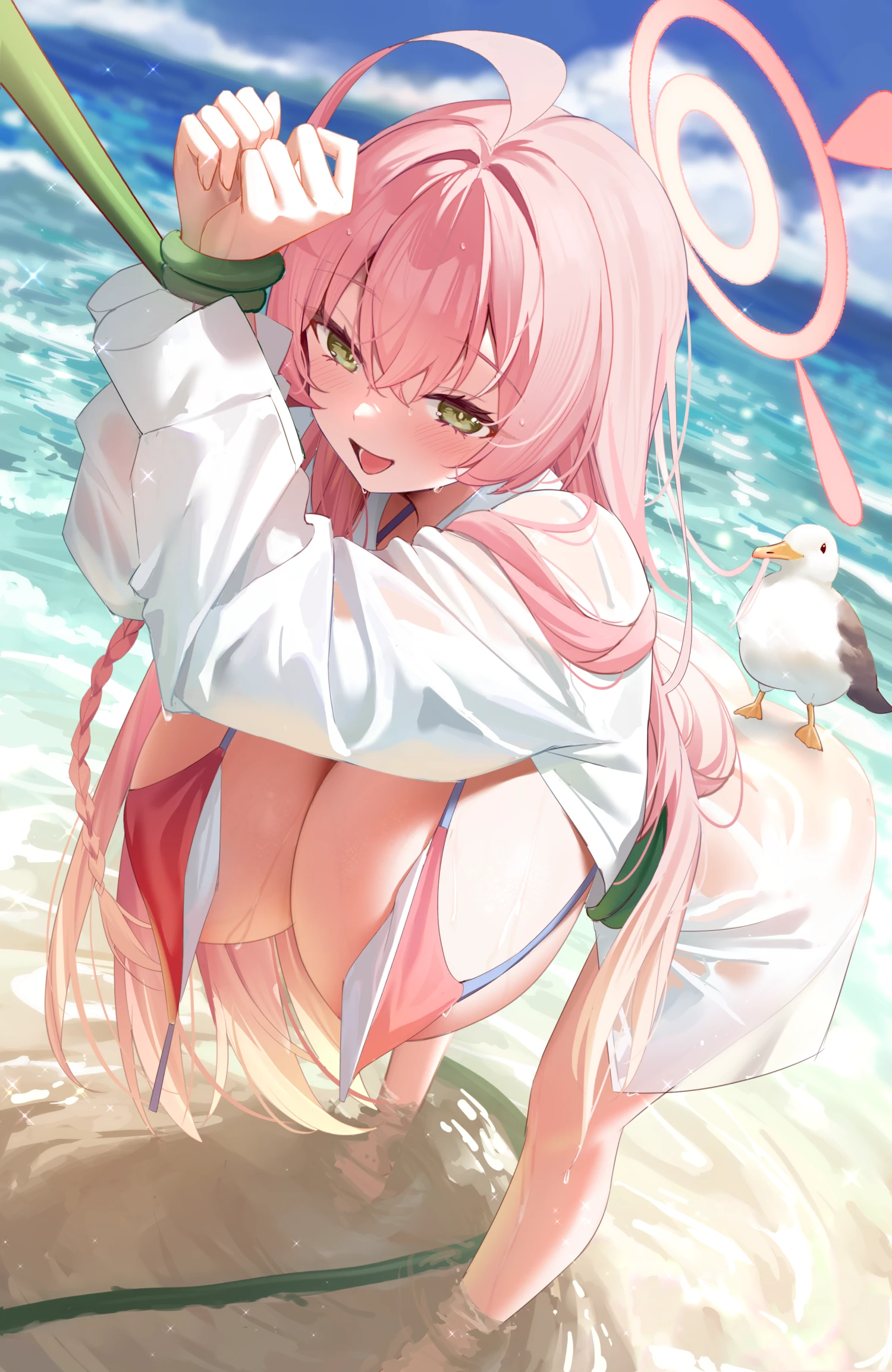 nahaki, hanako (blue archive), hanako (swimsuit) (blue archive), blue archive, highres, 1girl, :d, ahoge, beach, bent over, bikini, bikini top only, bird, blurry, blurry background, blush, bottomless, bound, bound wrists, breasts, cleavage, cloud, day, green eyes, hair between eyes, halo, hose, huge ahoge, huge breasts, long hair, long sleeves, looking at viewer, ocean, open clothes, open mouth, open shirt, outdoors, pink bikini, pink hair, seagull, see-through clothes, see-through shirt, shirt, sky, smile, solo, swimsuit, untied bikini, very long hair, wading, wet, wet clothes, wet shirt, white shirt