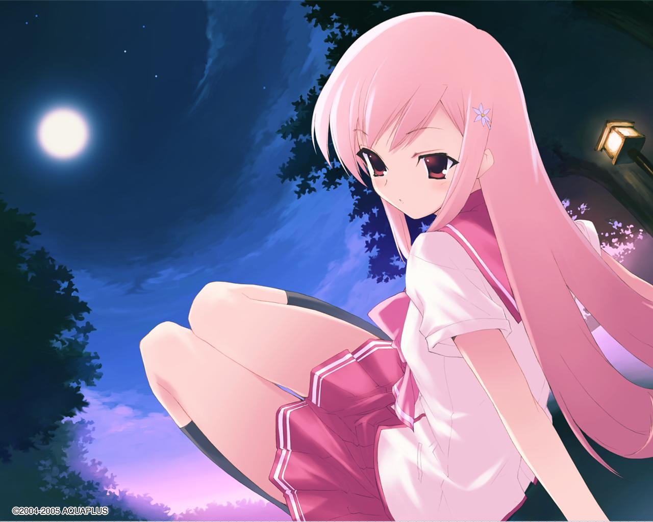 kawata hisashi, lucy maria misora, to heart (series), to heart 2, 00s, 1girl, blush, female focus, flower, long hair, moon, moonlight, pink hair, red eyes, school uniform, serafuku, skirt, sky, solo, star (sky)