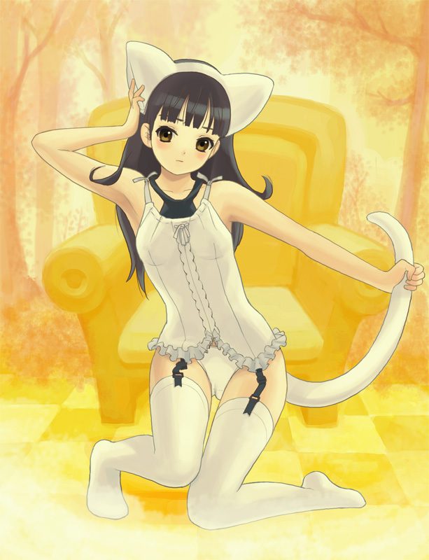 animal ears, blush, brown hair, cat ears, cat tail, lingerie, loli, solo, tail, thighhighs, underwear