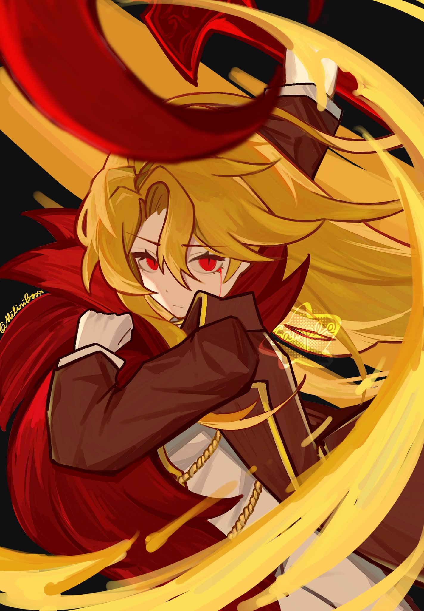 miliniboxx, don quixote (project moon), sancho (project moon), limbus company, project moon, highres, 1girl, black background, black coat, blonde hair, blood, bloody tears, coat, feather boa, holding, holding weapon, la manchaland (identity) (project moon), long hair, long sleeves, looking at viewer, parted bangs, red eyes, shirt, solo, upper body, weapon, white shirt