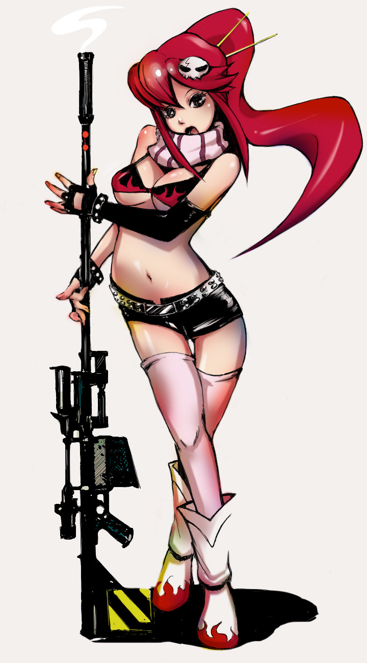 yoko littner, tengen toppa gurren lagann, highres, 00s, 1girl, anti-materiel rifle, breasts, female focus, gun, medium breasts, rifle, sniper rifle, solo, thighhighs, underboob, weapon