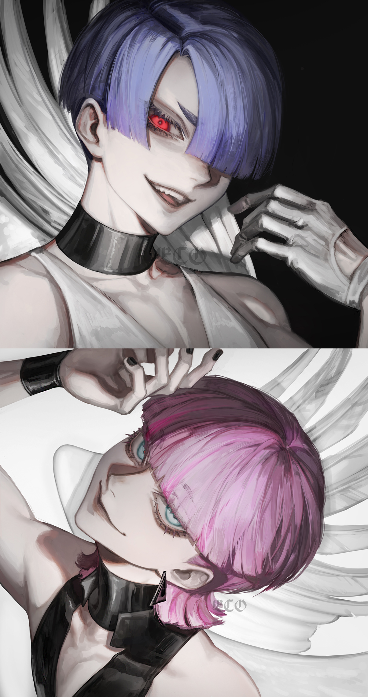 ecoplasma, polyester (psg), polyurethane (psg), panty & stocking with garterbelt, highres, black choker, black nails, brothers, choker, closed mouth, collarbone, earrings, eyelashes, fang, girly boy, gloves, jewelry, open mouth, pale skin, pectoral cleavage, pectorals, red eyes, siblings, smile, teeth, triangle earrings, upper teeth only, white gloves