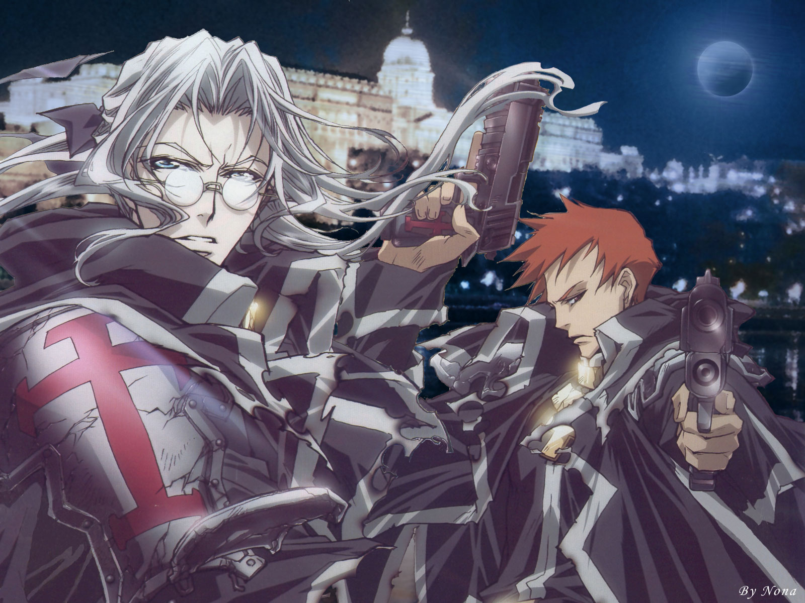nakajima atsuko, abel nightroad, tres iqus, trinity, trinity blood, silver hair, highres, 00s, 2boys, blood, blue eyes, cross, glasses, gun, long hair, male focus, multiple boys, red hair, weapon