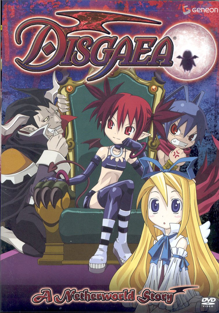 etna (disgaea), flonne, laharl, maderas (disgaea), disgaea, makai senki disgaea, non-web source, 00s, 2boys, 2girls, boots, bracelet, collar, earrings, elbow gloves, flat chest, gloves, horns, jewelry, moon, multiple boys, multiple girls, pointy ears, ribbon, tail, thighhighs, throne, twintails, wings