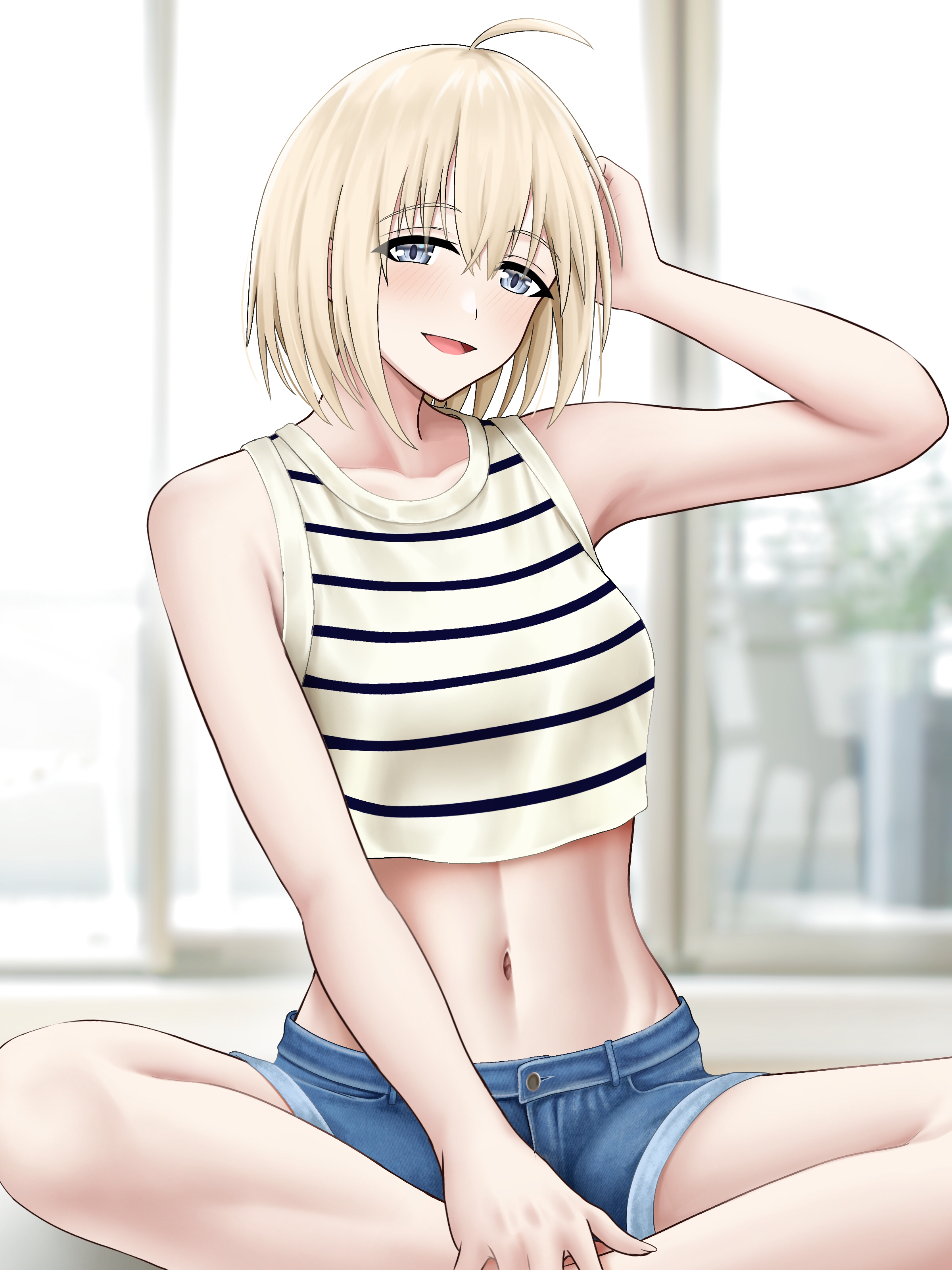 banba (jakqbigone), bataan (azur lane), azur lane, absurdres, commentary request, highres, 1girl, ahoge, arm up, bare legs, blonde hair, blue eyes, blurry, blurry background, blush, breasts, chair, collarbone, crop top, crossed ankles, day, denim, denim shorts, fingernails, hair between eyes, hands on feet, indian style, indoors, medium breasts, midriff, navel, open mouth, shirt, short hair, shorts, sitting, sleeveless, sleeveless shirt, smile, solo, stomach, striped clothes, table, thighs, white shirt