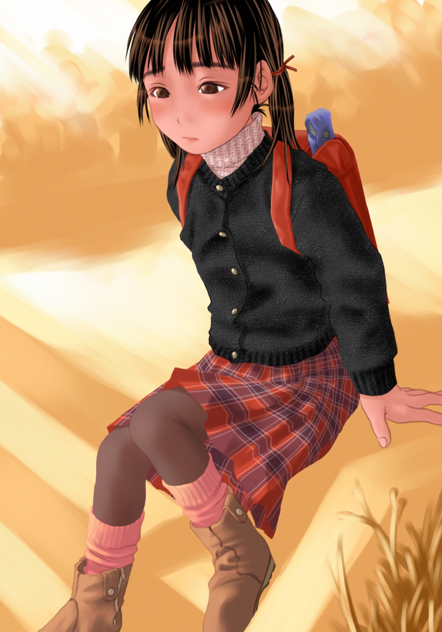ujiie moku, highres, backpack, bag, boots, brown eyes, brown hair, cardigan, flute, instrument, pantyhose, randoseru, recorder, school uniform, serafuku, solo, twintails