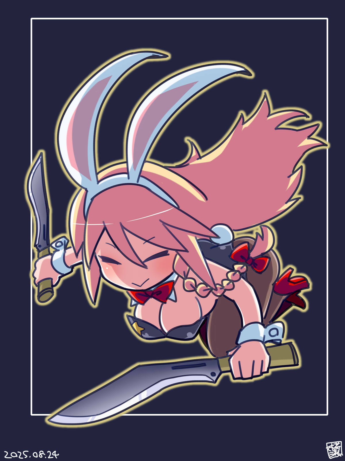 itini-sanshi, kirisame marisa, suzu (cookie), cookie (touhou), touhou, commentary request, highres, 1girl, :>, alternate costume, animal ears, black background, bow, bowtie, breasts, brown pantyhose, cleavage, closed eyes, closed mouth, dated, dual wielding, fake animal ears, fake tail, full body, holding, holding knife, jumping, knife, leotard, medium breasts, pantyhose, playboy bunny, rabbit ears, rabbit tail, red bow, red bowtie, red shoes, shoes, smile, solo, star (symbol), strapless, strapless leotard, tail, wrist cuffs