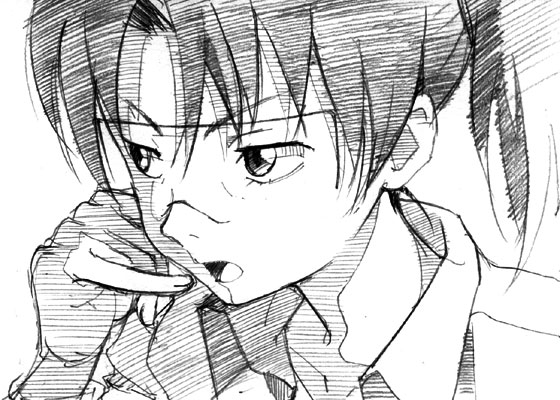 gofu, amasawa yuuko, dennou coil, traditional media, 00s, glasses, greyscale, jacket, monochrome, sketch, solo, twintails