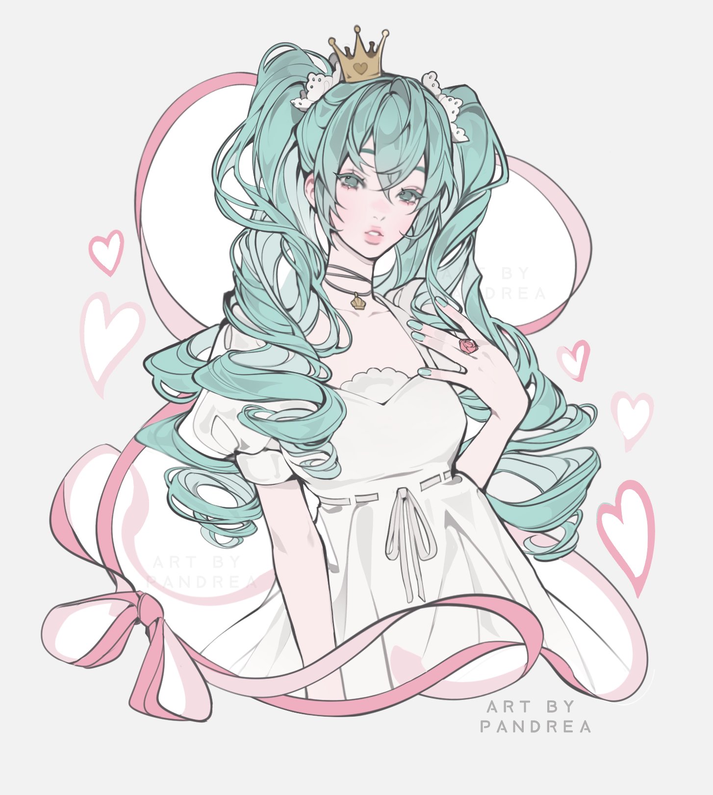 pandrea, hatsune miku, vocaloid, world is mine (vocaloid), commentary, english commentary, highres, 1girl, aqua hair, aqua nails, artist name, choker, crown, dress, heart, jewelry, long hair, mini crown, parted lips, pink lips, pink ribbon, puffy short sleeves, puffy sleeves, ribbon, ring, short sleeves, solo, twintails, white dress