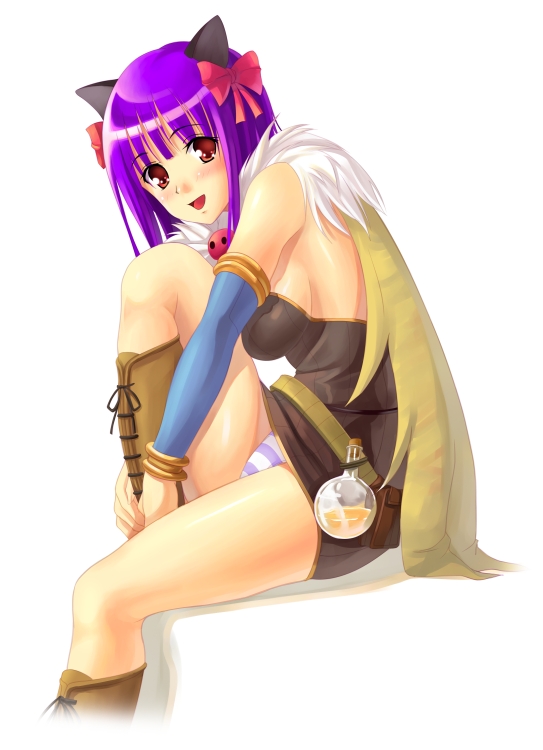 akamaru, alchemist (ragnarok online), poring, ragnarok online, 1girl, alchemist, animal ears, boots, cape, cat ears, female focus, hair ribbon, panties, purple hair, ribbon, solo, striped clothes, striped panties, underwear