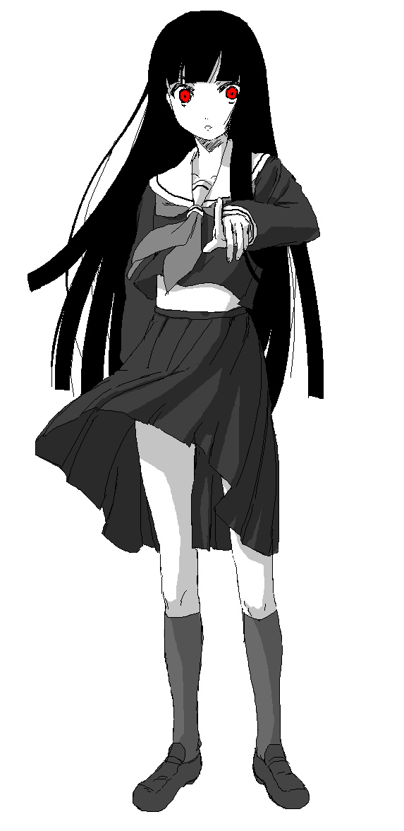 kirisato itsuki, enma ai, jigoku shoujo, 00s, blunt bangs, greyscale, hime cut, monochrome, oekaki, pointing, school uniform, serafuku, solo