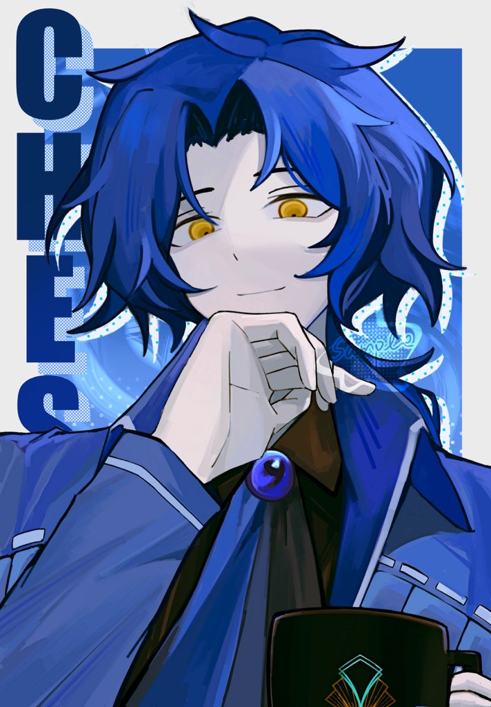 miliniboxx, chesed (project moon), library of ruina, project moon, 1boy, ascot, black shirt, blue ascot, blue background, blue brooch, blue coat, blue hair, border, coat, collared shirt, cup, holding, holding cup, long hair, long sleeves, looking at viewer, male focus, parted bangs, ponytail, shirt, simple background, solo, upper body, white border, yellow eyes