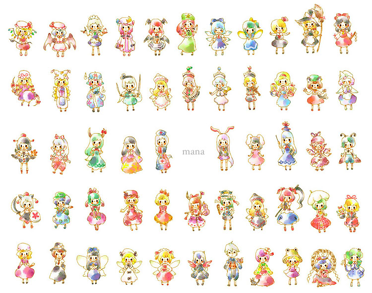 mana (artist), aki minoriko, aki shizuha, alice margatroid, chen, cirno, daiyousei, ex-keine, flandre scarlet, fujiwara no mokou, hakurei reimu, hieda no akyuu, hong meiling, houraisan kaguya, ibuki suika, inaba tewi, inubashiri momiji, izayoi sakuya, kagiyama hina, kamishirasawa keine, kawashiro nitori, kazami yuuka, kirisame marisa, koakuma, kochiya sanae, konpaku youmu, letty whiterock, lily black, lily white, luna child, lunasa prismriver, lyrica prismriver, maribel hearn, medicine melancholy, merlin prismriver, morichika rinnosuke, moriya suwako, mystia lorelei, onozuka komachi, patchouli knowledge, reisen udongein inaba, remilia scarlet, rumia, saigyouji yuyuko, shameimaru aya, shiki eiki, star sapphire, su-san, sunny milk, tokiko (touhou), usami renko, wriggle nightbug, yagokoro eirin, yakumo ran, yakumo yukari, yasaka kanako, embodiment of scarlet devil, ghostly field club, immaterial and missing power, imperishable night, perfect cherry blossom, phantasmagoria of flower view, touhou, screencap, 6+girls, alcohol, animal ears, animal hat, antennae, black hair, blonde hair, blue hair, blush, book, bow, broom, cape, cat, cat ears, cat tail, chibi, claws, crescent moon, cross, doll, dress, dual persona, everyone, fairy wings, flower, food, fox tail, frog, front ponytail, fruit, gem, ghost, gohei, grapes, hair bobbles, hair bow, hair ornament, hairband, hat, horns, ice, instrument, keyboard (instrument), laevatein, leaf, leaf on head, long hair, long sleeves, maid, mob cap, moon, multiple girls, multiple tails, object on head, onbashira, pants, purple hair, rabbit ears, red eyes, red hair, ribbon, rod of remorse, rope, sake, scythe, shield, shimenawa, shoes, short hair, short sleeves, siblings, sisters, skirt, smile, socks, star (symbol), sword, tail, tokin hat, trumpet, umbrella, violin, weapon, white hair, wings, witch hat