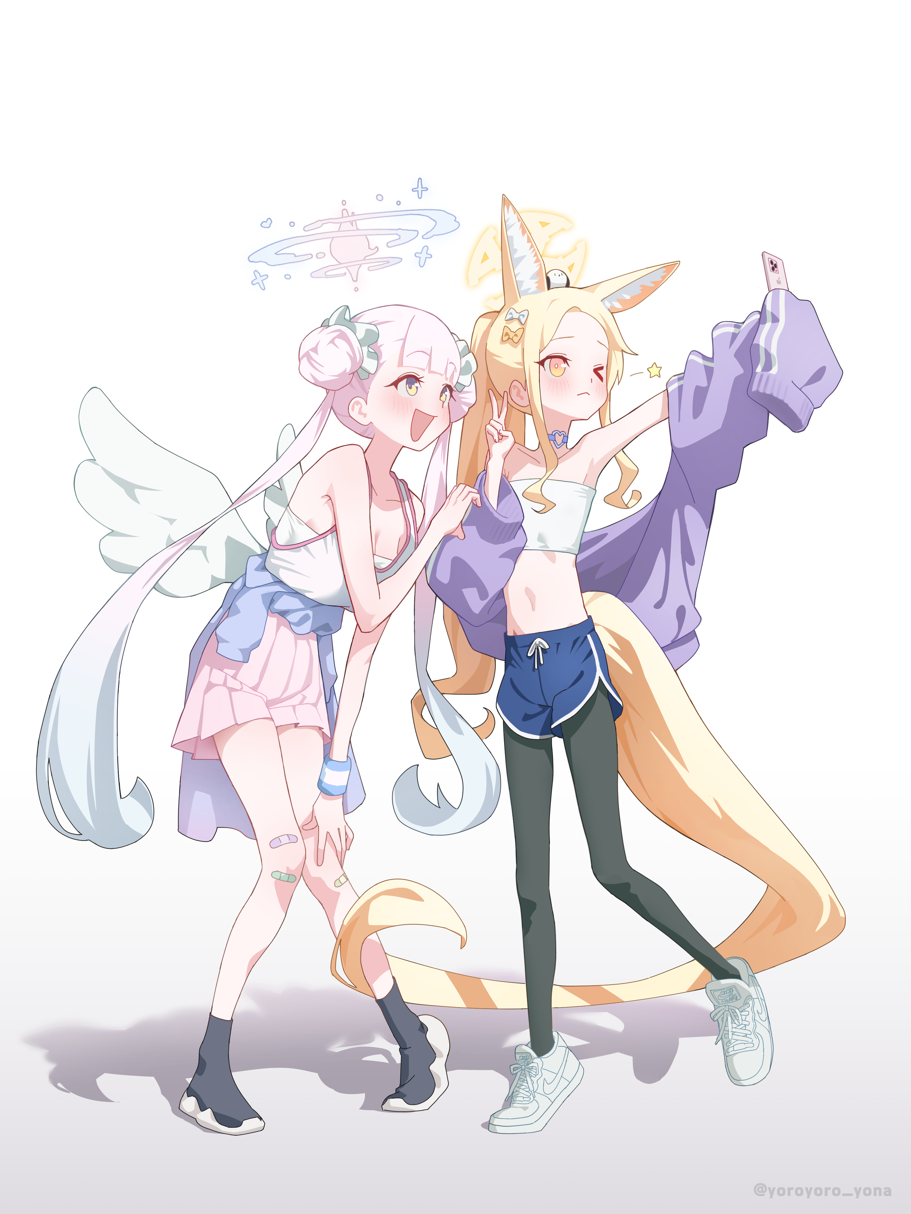 mika (blue archive), seia (blue archive), blue archive, absurdres, highres, 2girls, animal ear fluff, animal ears, blonde hair, dolphin shorts, double bun, feathered wings, fox ears, fox girl, fox tail, hair bun, hair ornament, halo, jacket, long hair, low wings, midriff, multiple girls, open clothes, open jacket, open mouth, pantyhose, pink hair, pink halo, pleated skirt, shoes, shorts, simple background, skirt, smile, sneakers, strapless, tail, tube top, twintails, white background, white wings, wings, yellow eyes, yellow halo, yona (yoroyoro)