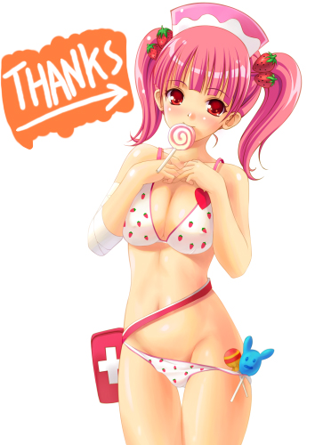 akamaru, milk (pop'n music), bemani, pop'n music, lowres, 1girl, bikini, breasts, candy, cowboy shot, female focus, food, food-themed clothes, food-themed hair ornament, food print, fruit, fruit print, hair ornament, lollipop, looking at viewer, medium breasts, mouth hold, pink hair, print bikini, red eyes, simple background, solo, strawberry, strawberry hair ornament, strawberry print, swimsuit, swirl lollipop, thigh gap, twintails, white background, white bikini