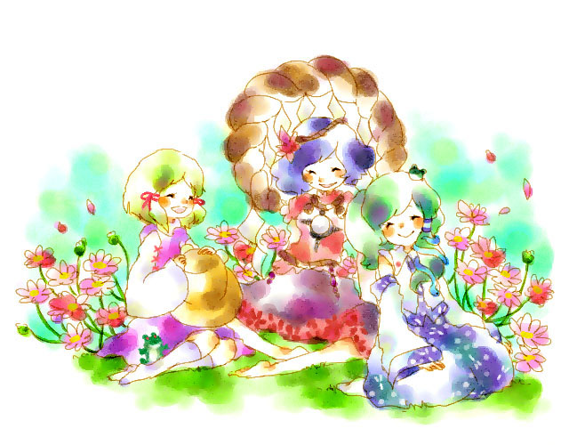 mana (artist), kochiya sanae, moriya suwako, yasaka kanako, touhou, 3girls, barefoot, blonde hair, blue hair, blush, closed eyes, detached sleeves, female focus, flower, frog, frog hair ornament, grass, green hair, hair ornament, hair ribbon, hat, leaf hair ornament, long hair, long sleeves, multiple girls, ribbon, rope, shimenawa, short hair, sitting, smile, snake hair ornament, socks, unworn hat, unworn headwear, wide sleeves