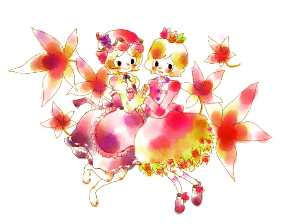 mana (artist), aki minoriko, aki shizuha, touhou, 2girls, autumn leaves, blonde hair, female focus, food, fruit, grapes, hair ornament, hat, leaf, leaf background, leaf hair ornament, leaf on head, multiple girls, short hair, siblings, sisters