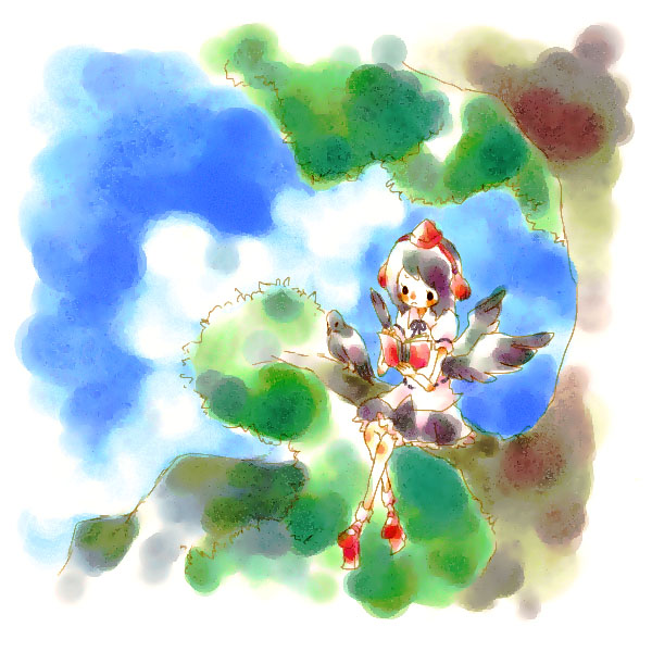 mana (artist), shameimaru aya, touhou, 1girl, female focus, geta, in tree, looking down, sitting, solo, tengu-geta, tree, writing