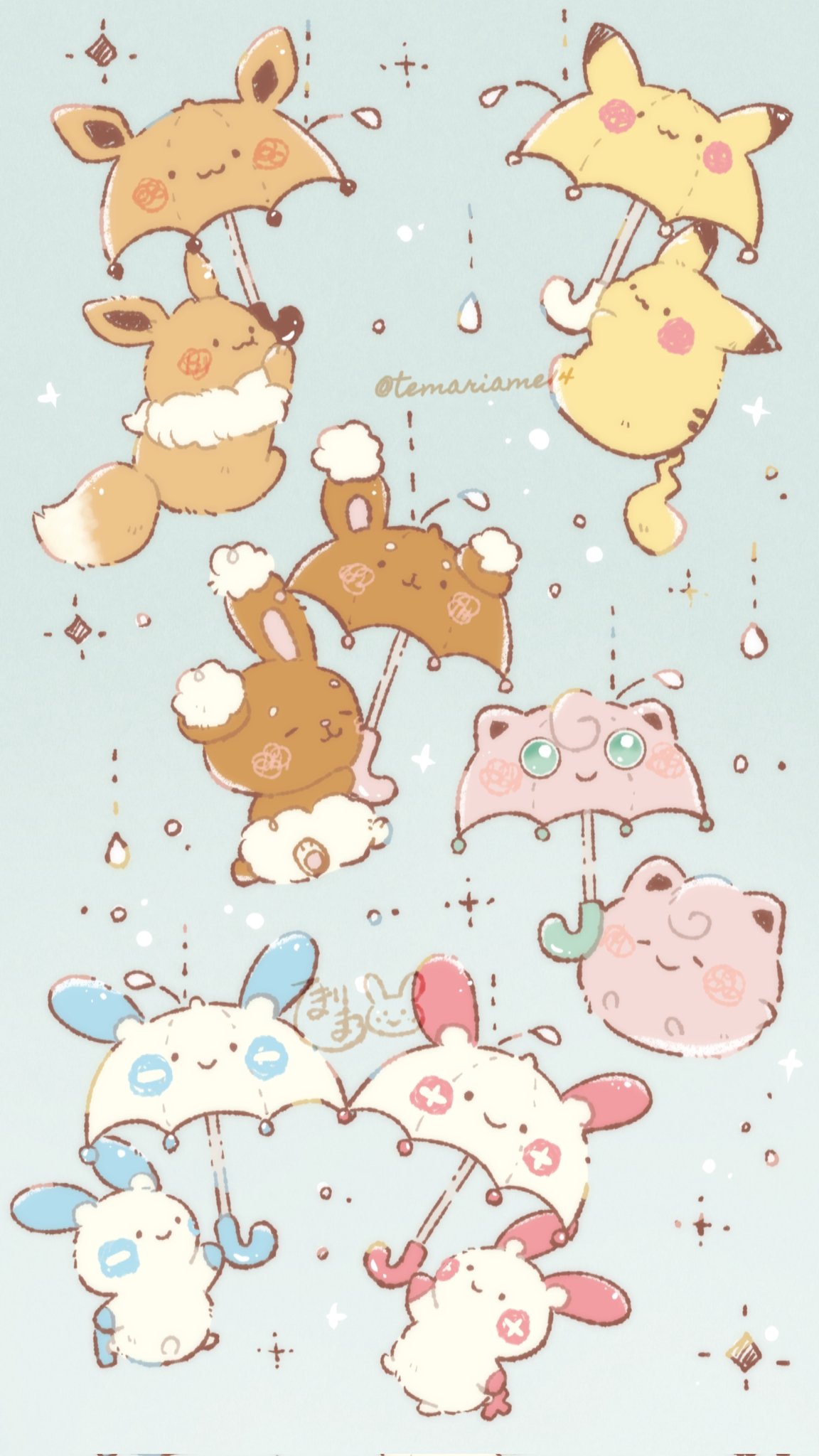 temariame14, buneary, eevee, jigglypuff, minun, pikachu, plusle, umbreon, nintendo, pokemon, commentary request, highres, closed mouth, floating, gen 1 pokemon, gen 2 pokemon, gen 3 pokemon, gen 4 pokemon, green background, holding, holding umbrella, no humans, pokemon (creature), pokemon focus, smile, twitter username, umbrella