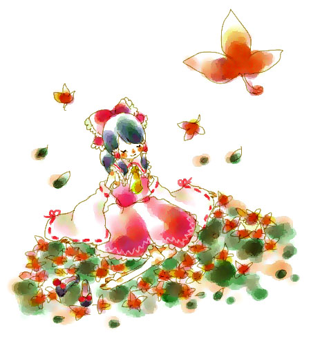 mana (artist), hakurei reimu, touhou, lowres, 1girl, autumn leaves, barefoot, female focus, leaf, nature, plant, solo, white background