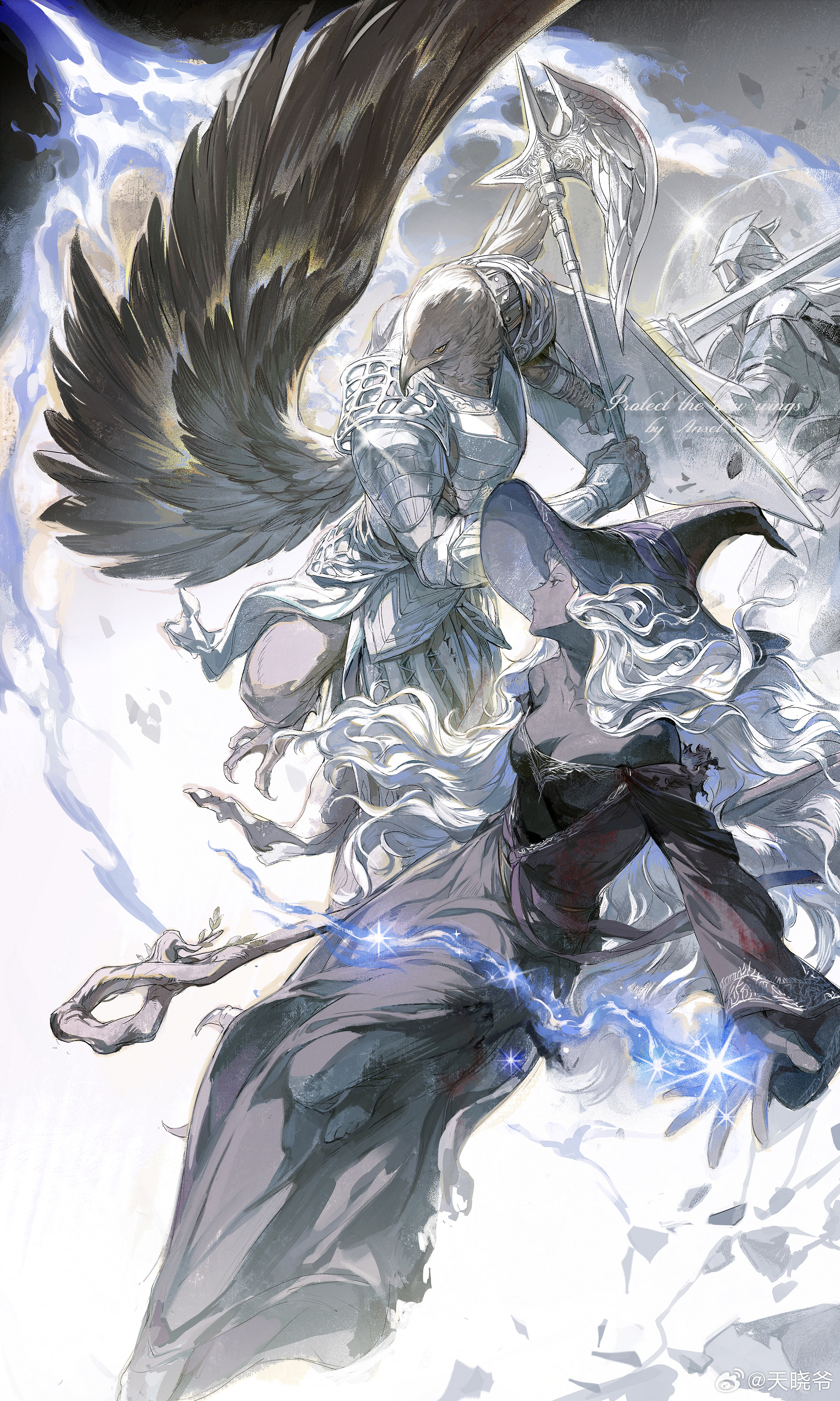 tianxiaoye ansel.s, guardian (elden ring), recluse (elden ring), wylder (elden ring), elden ring, elden ring nightreign, absurdres, highres, 1girl, 2boys, animal head, armor, bare shoulders, bird boy, black dress, black hat, black skin, breastplate, breasts, cleavage, colored skin, dark-skinned female, dark skin, dress, faulds, feathered wings, full body, glaive (polearm), hat, helmet, holding, holding polearm, holding shield, holding staff, holding sword, holding weapon, large hat, long hair, multiple boys, pauldrons, polearm, profile, shield, shoulder armor, staff, sword, vambraces, very dark skin, weapon, white background, white hair, winged helmet, wings, witch, witch hat, yellow eyes