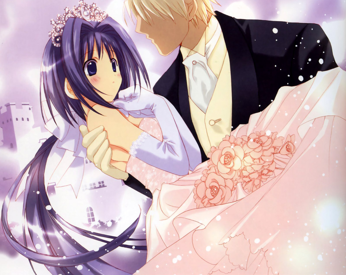 nanase aoi, kishou seireiki, seven colors of the wind, artbook, 1boy, 1girl, blush, bow, bride, couple, dress, elbow gloves, formal clothes, gloves, hair bow, hair ornament, hetero, suit, wedding, wedding dress