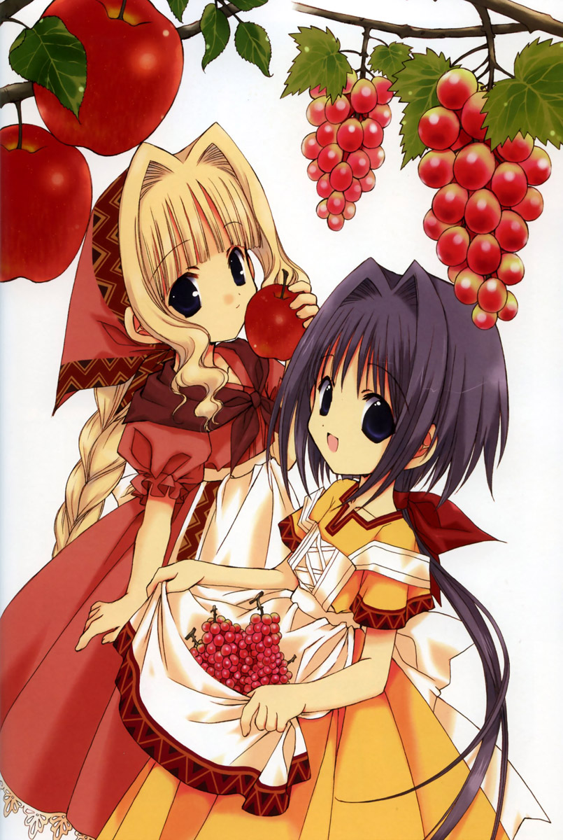 nanase aoi, kishou seireiki, seven colors of the wind, artbook, highres, 2girls, apple, apron, bow, braid, food, frills, fruit, grapes, hair bow, hair intakes, holding, holding food, holding fruit, leaf, multiple girls, ponytail, shawl