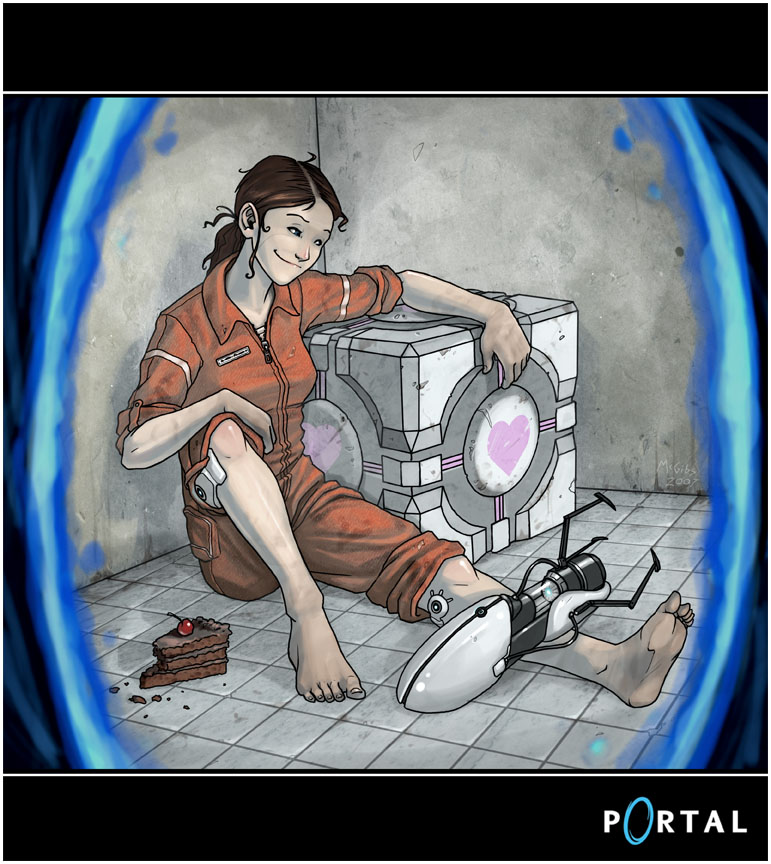 jesse mcgibney, chell, portal (series), portal 1, 1girl, aperture science handheld portal device, aperture science weighted companion cube, barefoot, black forest cake, brown hair, cake, cherry, cube, dirty, dirty feet, feet, female focus, food, fruit, heart, jumpsuit, orange jumpsuit, pastry, ponytail, portal (object), sleeves rolled up, smile, solo, valve
